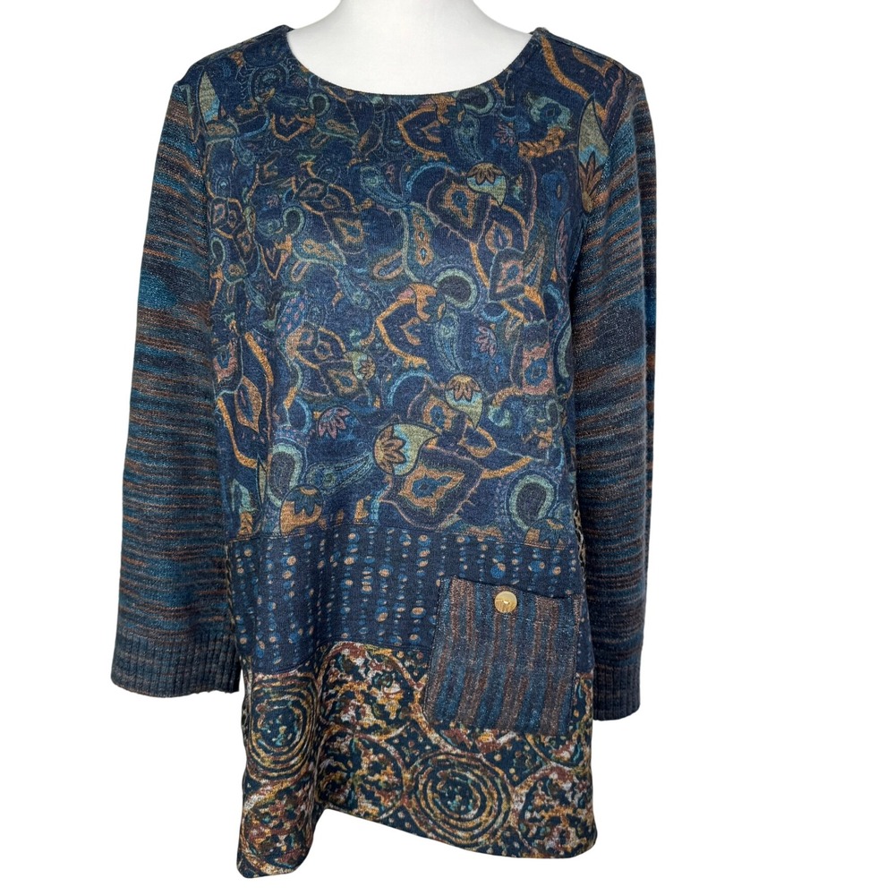 JOHN MARK Women's Large Blue Paisley Soft Long‎ Sleeve Tunic Knit Sweater Pocket